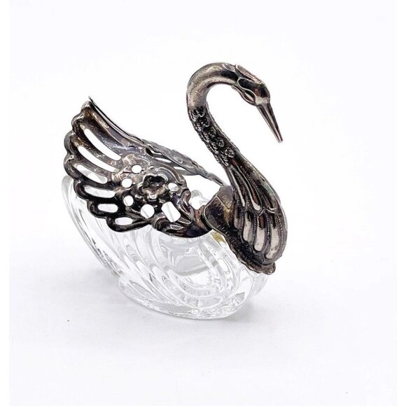 VTG Glass Swan Trinket Dish Silverplate Filigree Wings Ring Holder Vanity Decor - Picture 1 of 7
